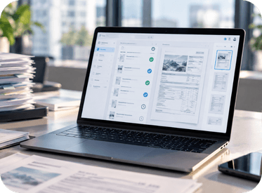 Ordinateur portable affichant une interface de gestion documentaire avec des documents numériques, illustrant le contrôle de conformité et la fiabilisation des données dès leur réception.
